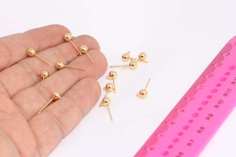 5mm 22k Shiny Gold Ball Ear Posts, Stud Earrings, Stainless , Gold Plated Earrings, CHK569