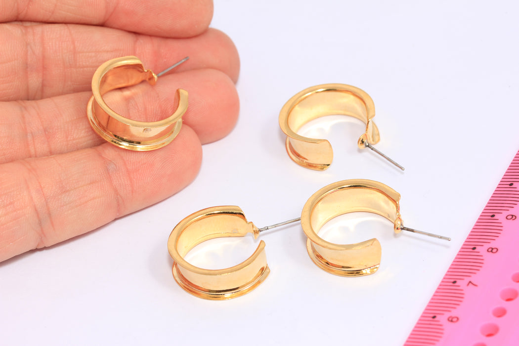 21mm 24k Shiny Gold Ear Cuffs, Channel Hoop Earrings, Inlay Earring Settings, BXB377-1