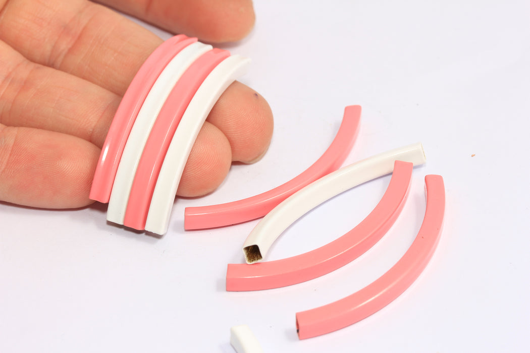 4x50mm Pink And White Painted Curved Tubes, Tube Charms, CHK97