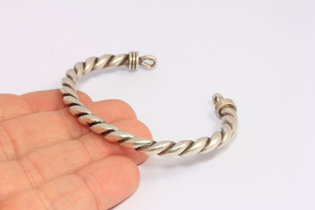 6mm Antique Silver Wire Bracelet Cuff, Braided Open Cuff Bangle, CHK164