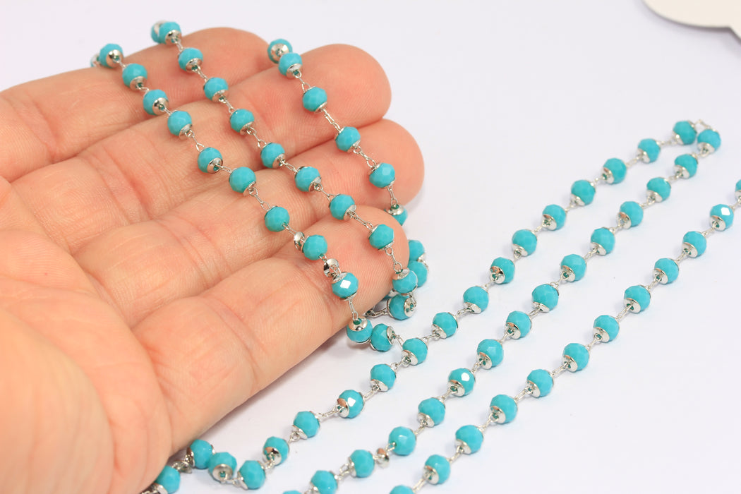 4,5 Rhodium Plated Crystal Chains, Turquoise Beaded Rosary Style Chain, CHK341-3