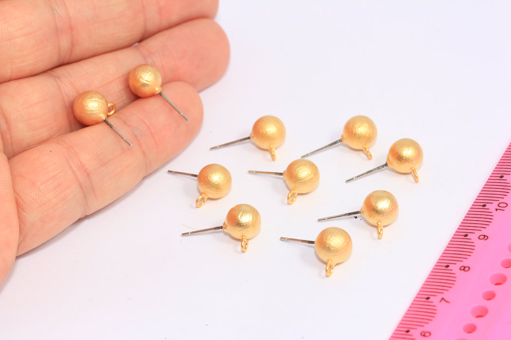 8mm 24k Matt Gold Ball Ear Posts, Ball Stud Earrings With Loop, CHK129-3