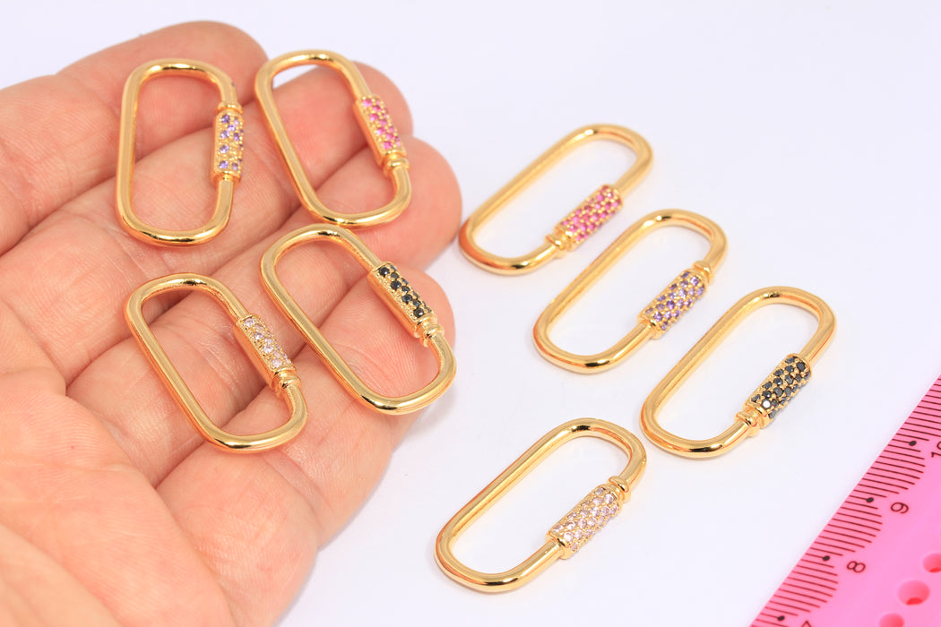 16x24mm 24k Shiny Gold CZ Oval Screw Clasp, Micro Pave Oval Screw Clasp,