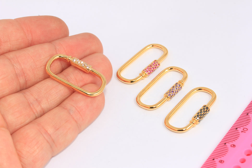 16x24mm 24k Shiny Gold CZ Oval Screw Clasp, Micro Pave Oval Screw Clasp,