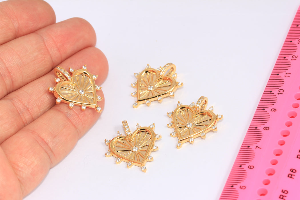 23x26mm 24k Shiny Gold Heart Charms, CZ White Stone Heart, CHK194-5