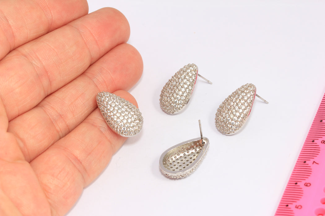 13x21mm Rhodium Plated Stud Earrings, Micro Pave White Stone Teardrop Studs, CHK466-4