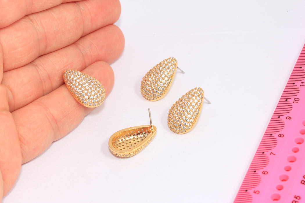 13x21mm 24k Shiny Gold Stud Earrings, Micro Pave White Stone Teardrop Studs, CHK194-1