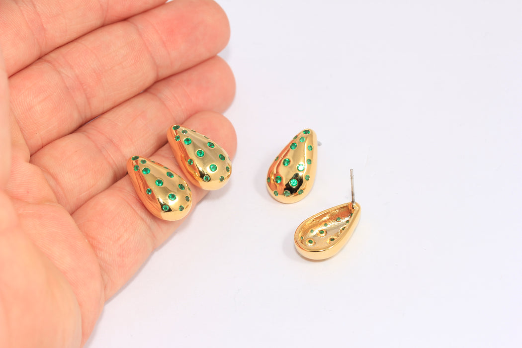 12x19mm 24k Shiny Gold Stud Earrings, Micro Pave Green Stone Teardrop Studs, CHK466-8