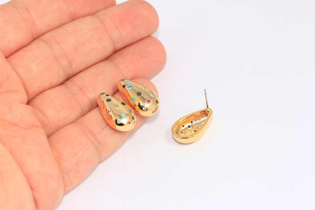 12x19mm 24k Shiny Gold Stud Earrings, Micro Pave Mixed Stone Teardrop Studs, CHK510-4