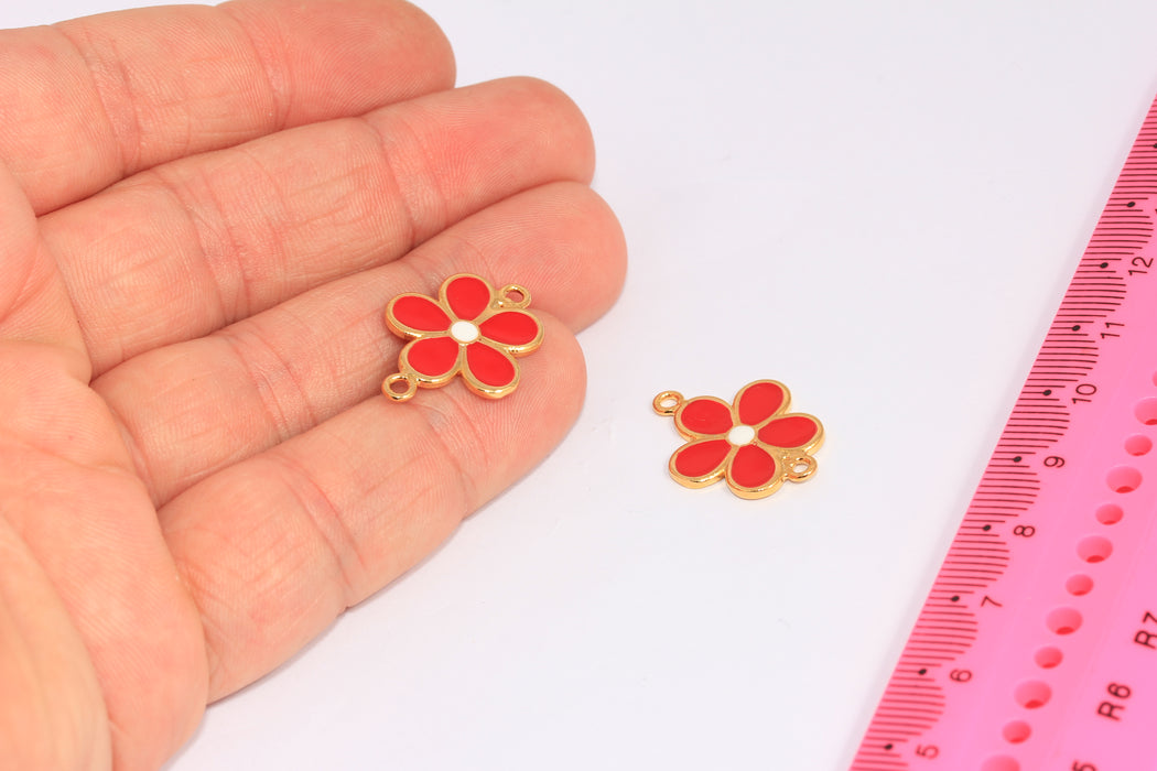 17mm 24k Shiny Gold Flower Charms, Red Enamel Clover Flower Beads, CHK510-5