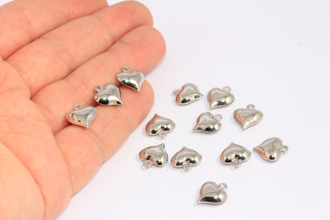 12x13mm Rhodium Plated Heart Charms, Puffed Heart Beads, BXB298-2