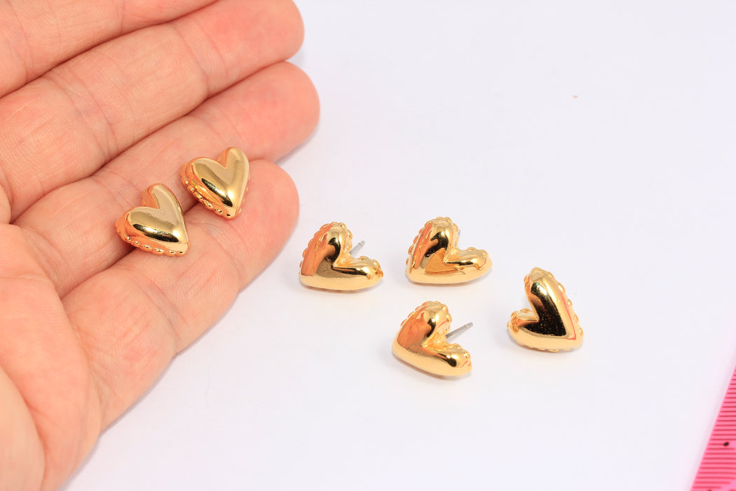 13x13mm 24k Shiny Gold Heart Earrings, Heart Shaped Studs, CHK226-3