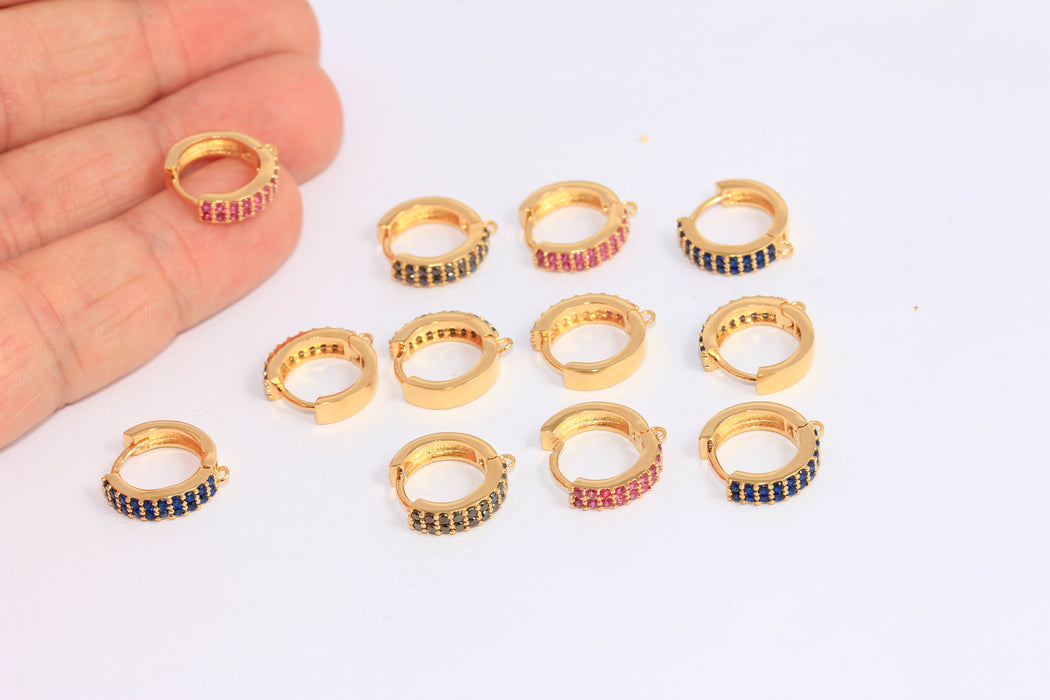 14mm 24k Shiny Gold Hoop Earrings, CZ Optional Color Stone Huggie Hoops,