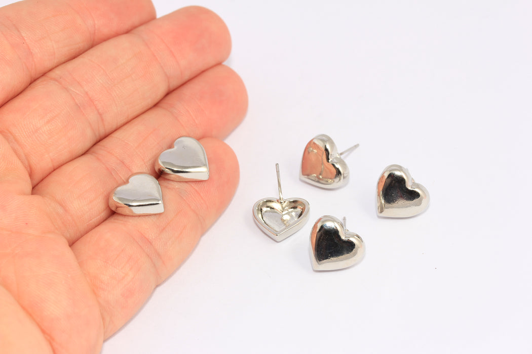 12x13mm Rhodium Plated Heart Earrings, Heart Shaped Studs, CHK333-6