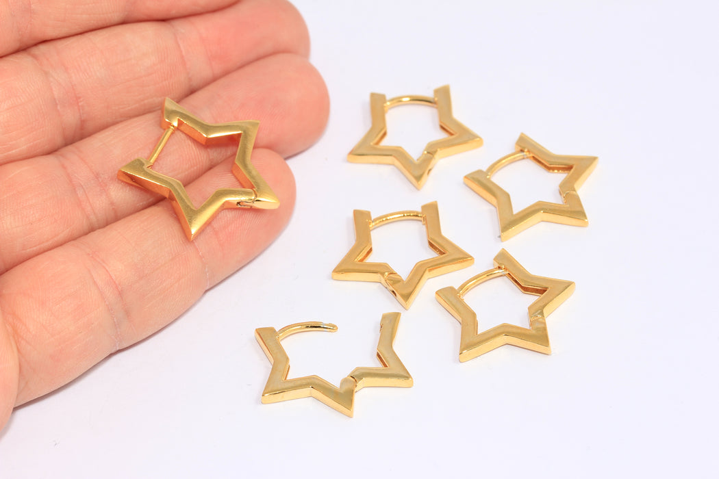 25mm 24k Shiny Gold Star Earrings, Star Shaped Lever Back Hoops, CHK506-4