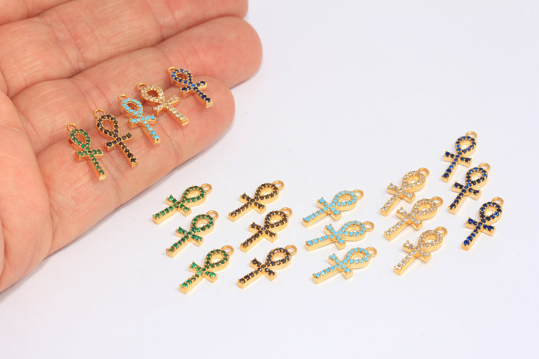 7x17mm 24k Shiny Gold Ankh Charms, CZ Optional Stone Color Ankh Charm,