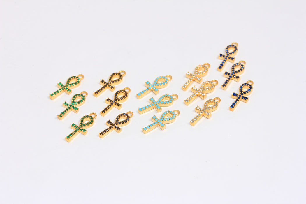 7x17mm 24k Shiny Gold Ankh Charms, CZ Optional Stone Color Ankh Charm,