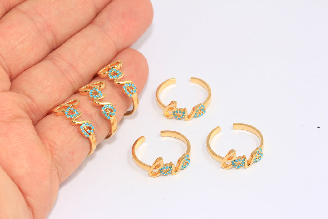 16-17mm 24k Shiny Gold Love Rings, Micro Pave Turquoise Stone Love Rings, CHK233-4