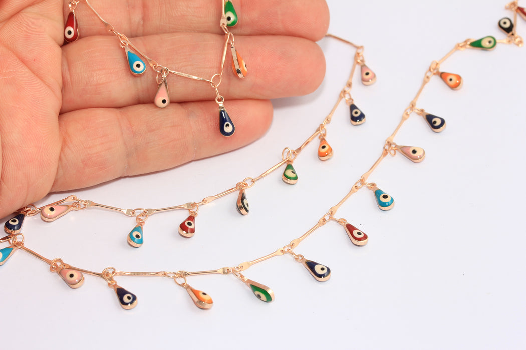 4x10mm Rose Gold Evil Eye Chain, Evil Eye Teardrop Beaded Chain, BXB180