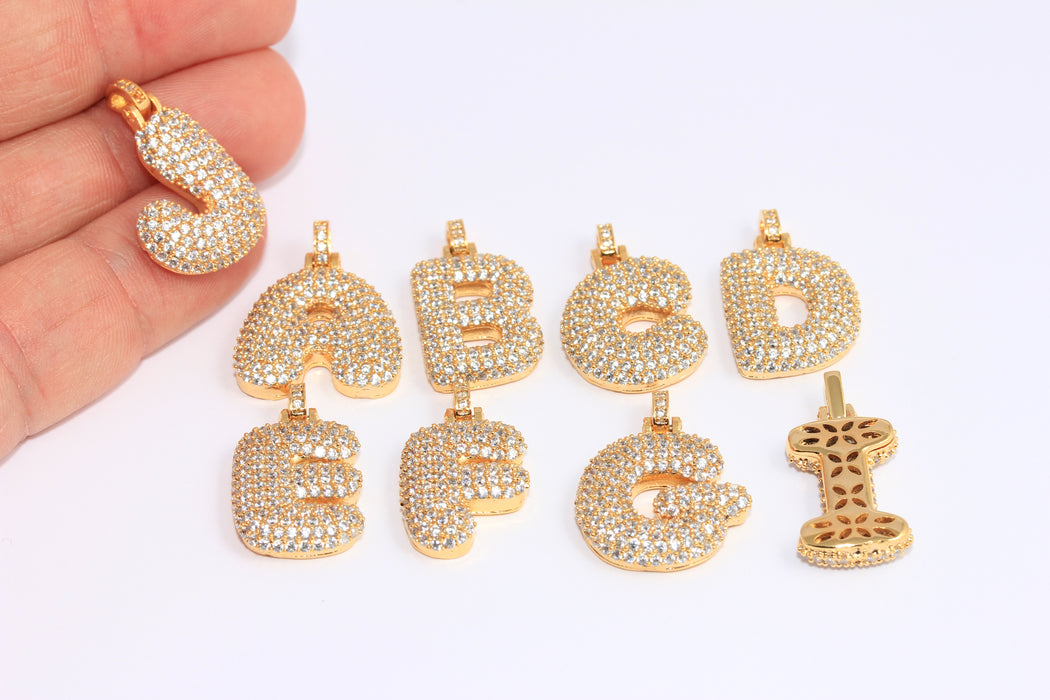 16x19mm 24k Shiny Gold Letter, CZ White Stone Letter Beads, CZ Balloon Letters, HRF72