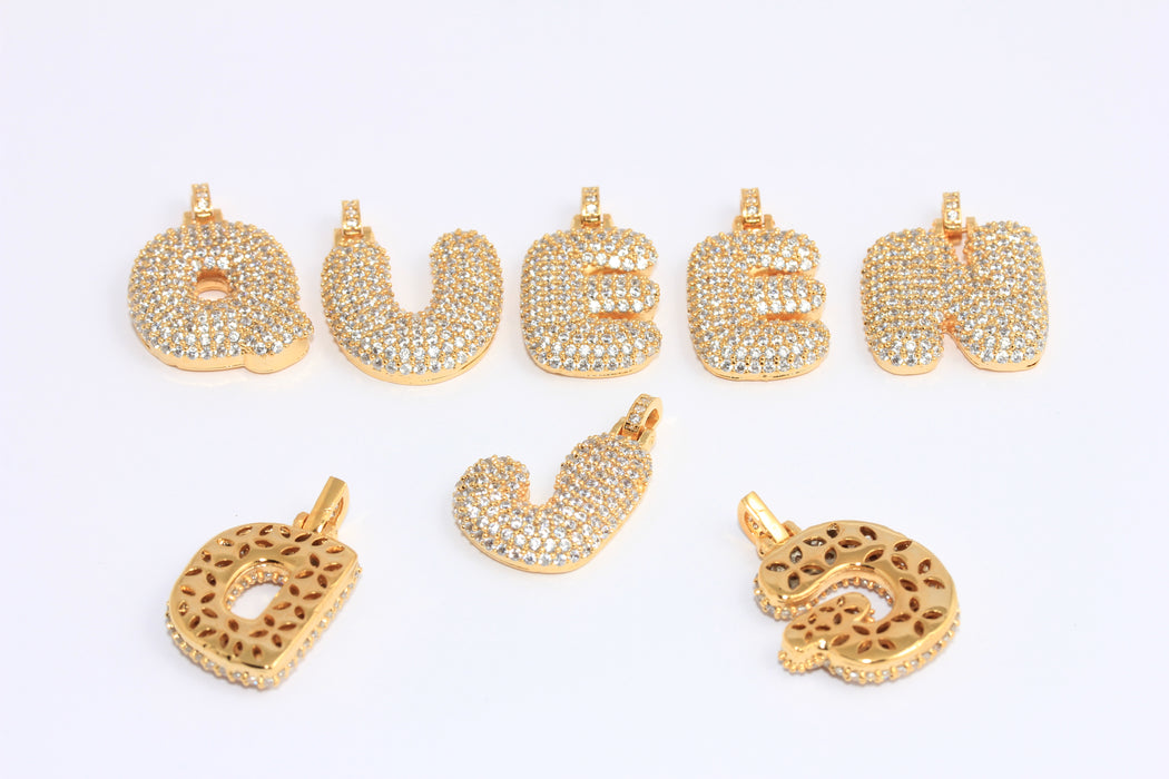 16x19mm 24k Shiny Gold Letter, CZ White Stone Letter Beads, CZ Balloon Letters, HRF72