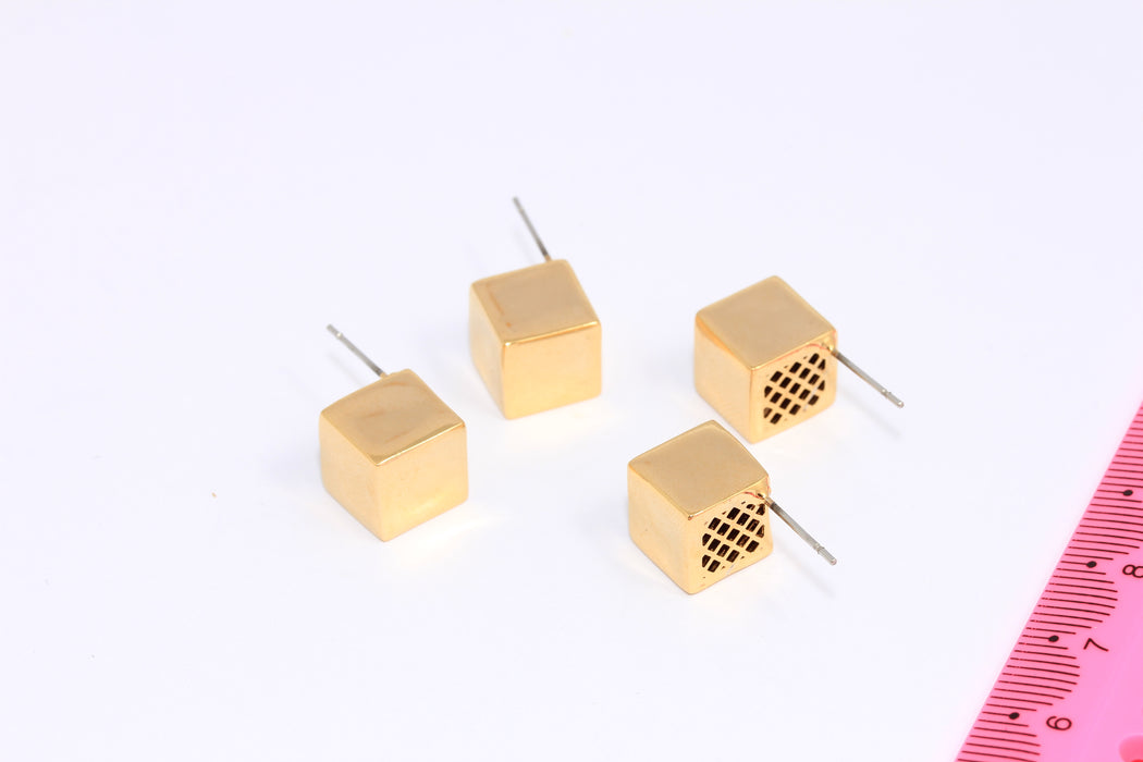 10mm 24k Shiny Gold Cube Earrings, Hollow Cube Stud Earrings, CHK226-2