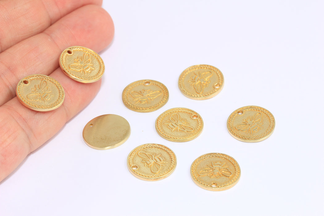 16mm Raw Brass Bee Coin Charms, Bee Disc Bracelet Beads, ROSE191