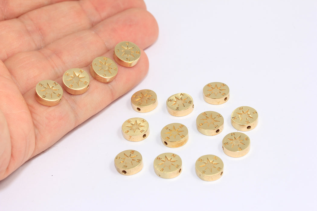 10mm Raw Brass Compass Beads, Compass Bracelet Coins Charms, HLS34