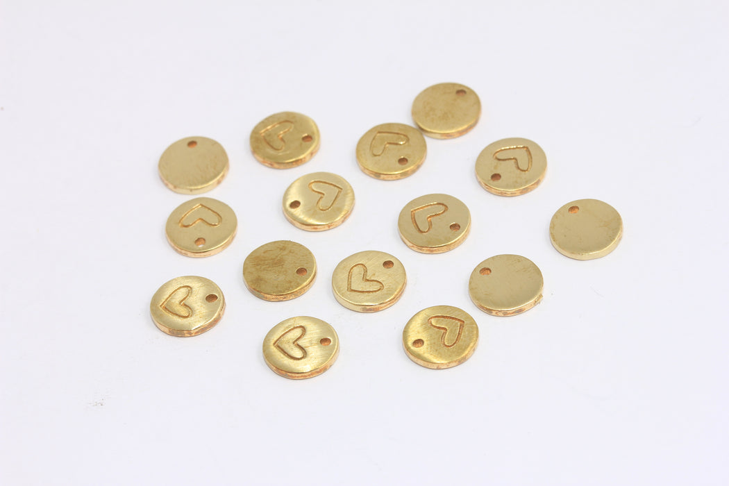 10mm Raw Brass Heart Coin Charms, Heart Coin Bracelet Beads, CR93