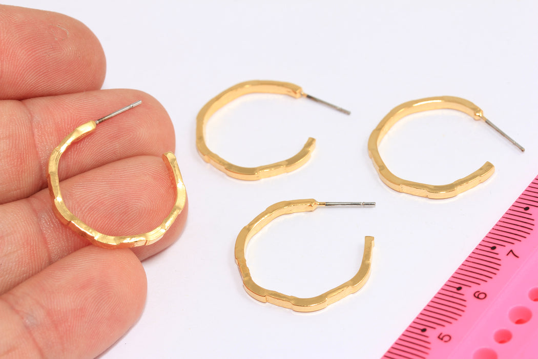 23mm 24k Shiny Gold Hoop Earrings,  Hammered Hoop Earrings, Midi Gold Hoops, XP187