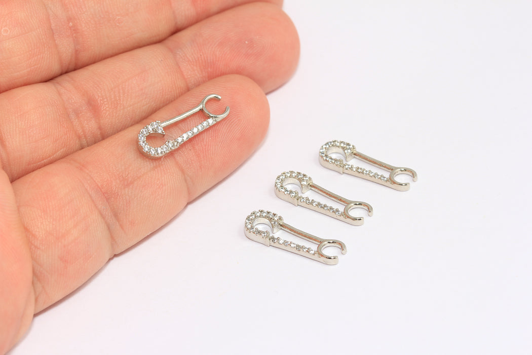 6,5x20mm Rhodium Plated Cz Safety Pin Charm, Safety Pin Pendant, White Stone Pin Charms,BRT877