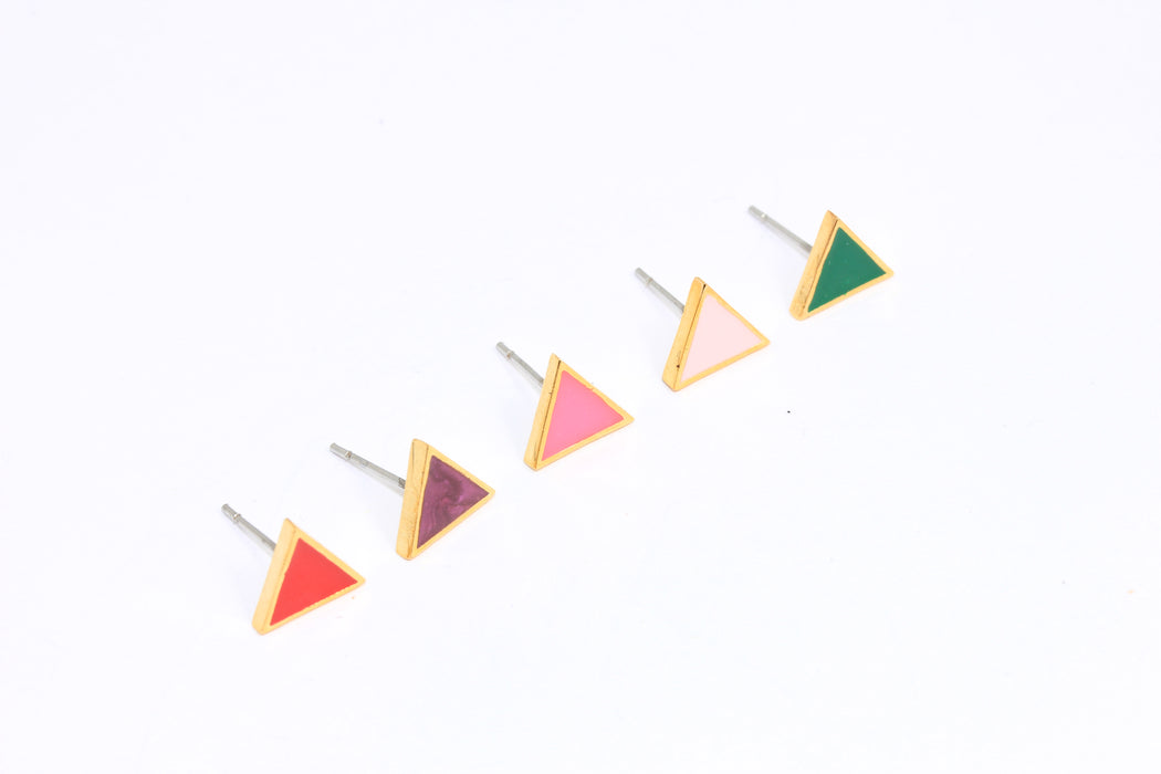 7mm 24k Shiny Gold Triangle Stud Earrings, Optional Enamel Color Earrings, ROSE15-2