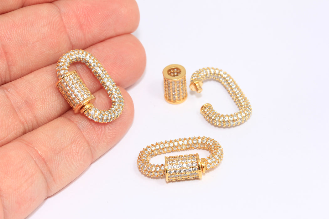 17x24mm 24k Shiny Gold CZ Oval Screw Clasps, Micro Pave White Stone Clasp, BRT858