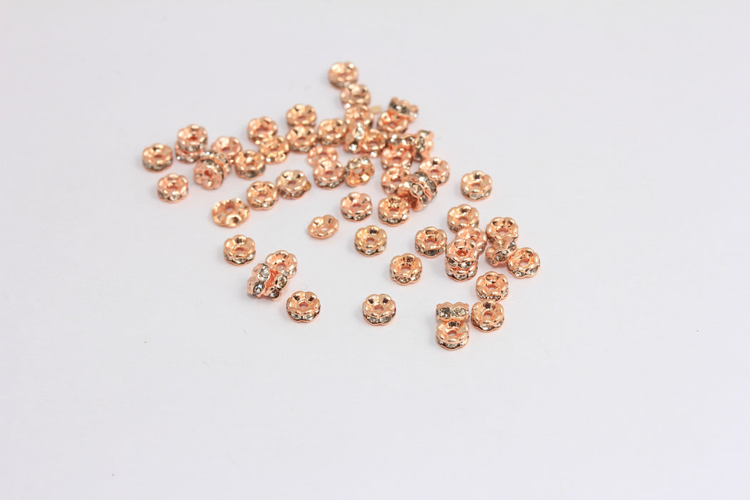 4mm Rose Gold Plated Rondelle Beads, CZ Micro Pave Wheel Spacer Beads, ROSE500