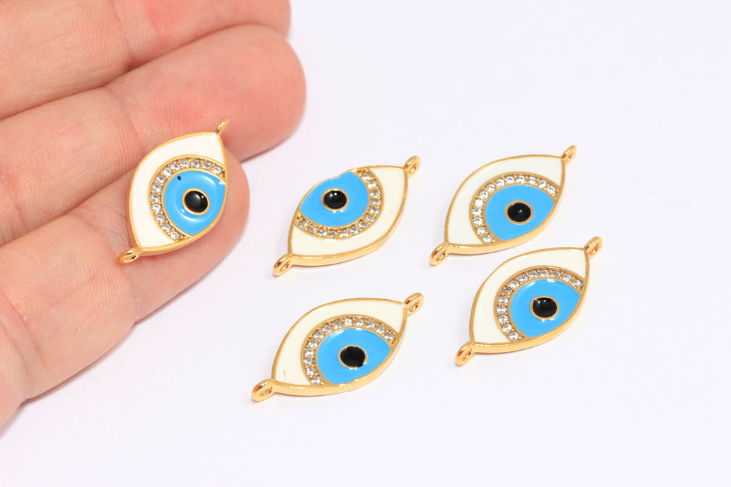 12x21mm 24k Shiny Gold CZ Evil Eye, CZ Enamel Evil Eye Charms, Micro Pave Evil Eye Bracelet Connector, MLS114