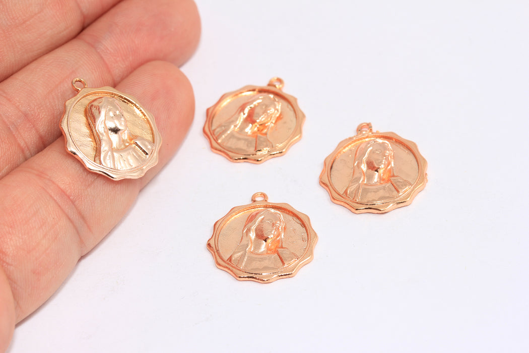 19mm Rose Gold Plated Mother Mary Round Pendant, Mother Mary Medallion, Virgin Mary Necklace, MTE1008