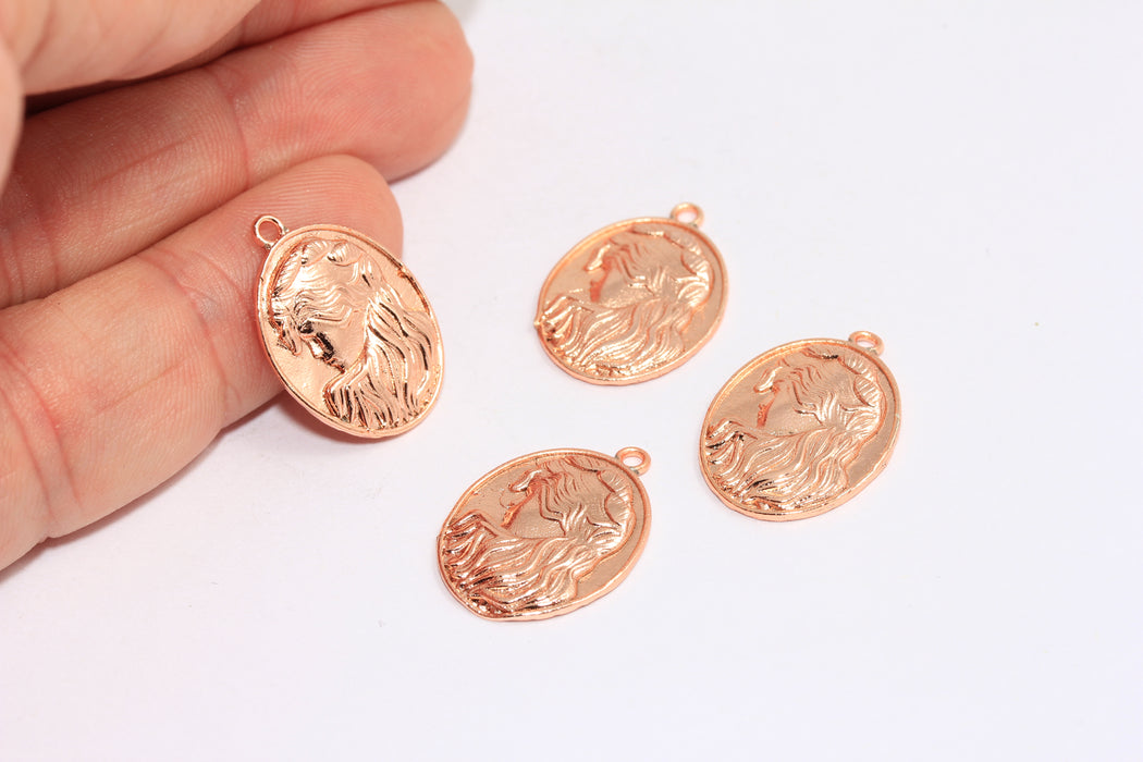 15x21mm Rose Gold Medallion Charm, Girl Charms, Brass Medallion, Vintage Pendant, MTE1018