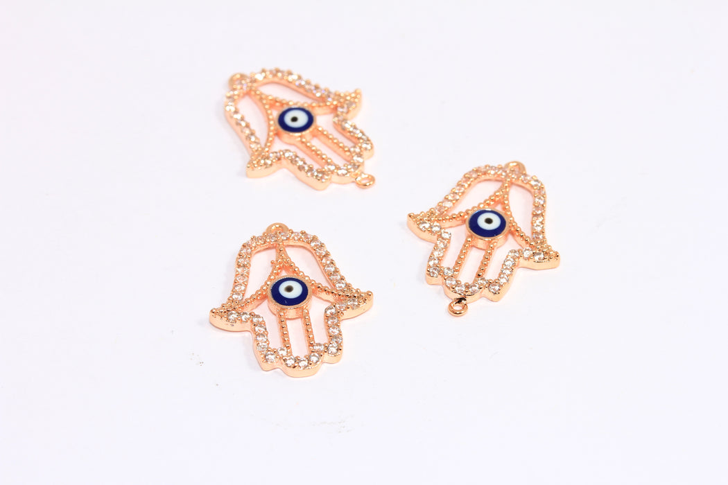 18x22mm Rose Gold CZ Hamsa Charms, Micro Pave Evil Eye, CZ Fatima Hand Beads, ZRCN190