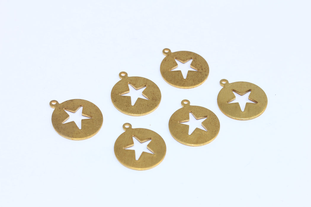 14mm Raw Brass Star Charms, Star Pendant, Star Necklace, Mini Star Disc Charms, AE83