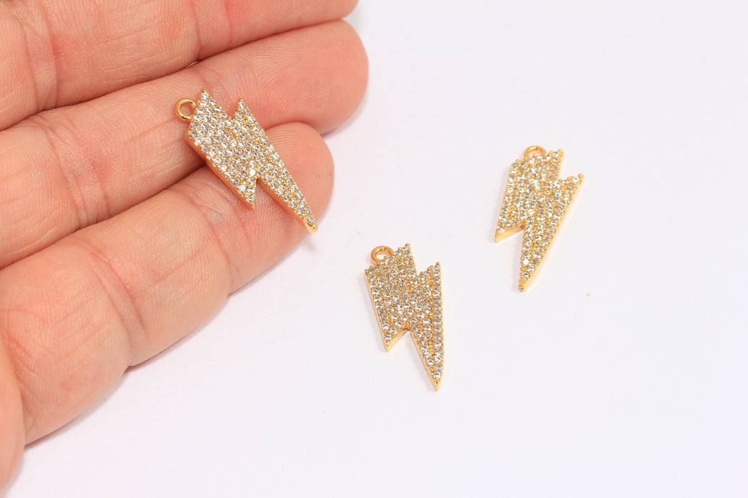 10x25mm 24k Shiny Gold CZ Thunder Charms, Micro Pave Lightning Bolt Charms, SLM171