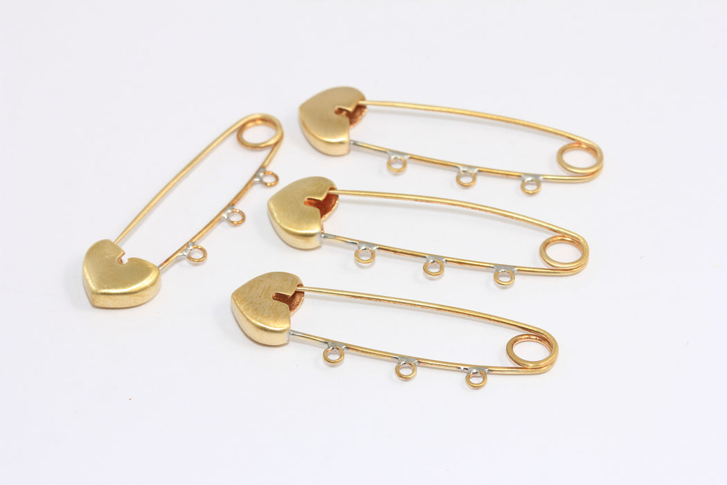 47mm Raw Brass Safety Pin Charm, Heart Safety Pin Pendant With 3 Loops, MTE735