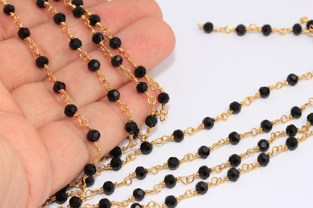 4mm 24k Shiny Gold Crystal Chains, Beaded Chains, Black Crystal Chain,  BXB186 -3