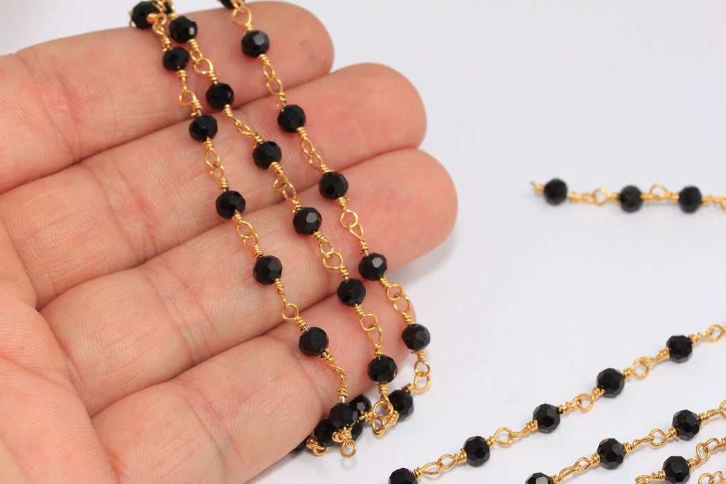 4mm 24k Shiny Gold Crystal Chains, Beaded Chains, Black Crystal Chain,  BXB186 -3