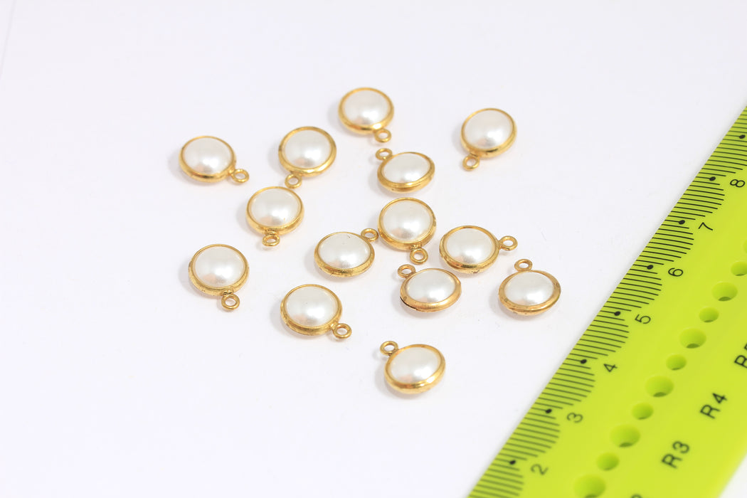 9x12mm Raw Brass Pearl Charms, Natural White Round Freshwater Pearls, Brass Framed Baroque Pearl Drop Beads, CR113