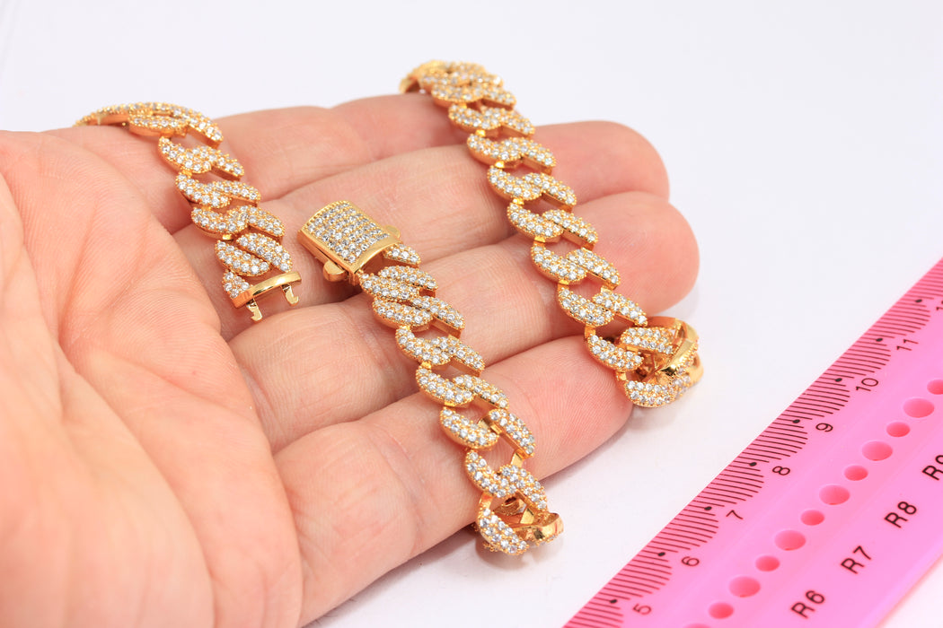 17" 24k Shiny Gold Cuban Link Necklace, CZ Necklaces, Cuban Link Chain, Ready Necklace, Cubic Zirconia, Gold Plated Necklaces, ROSE435-1