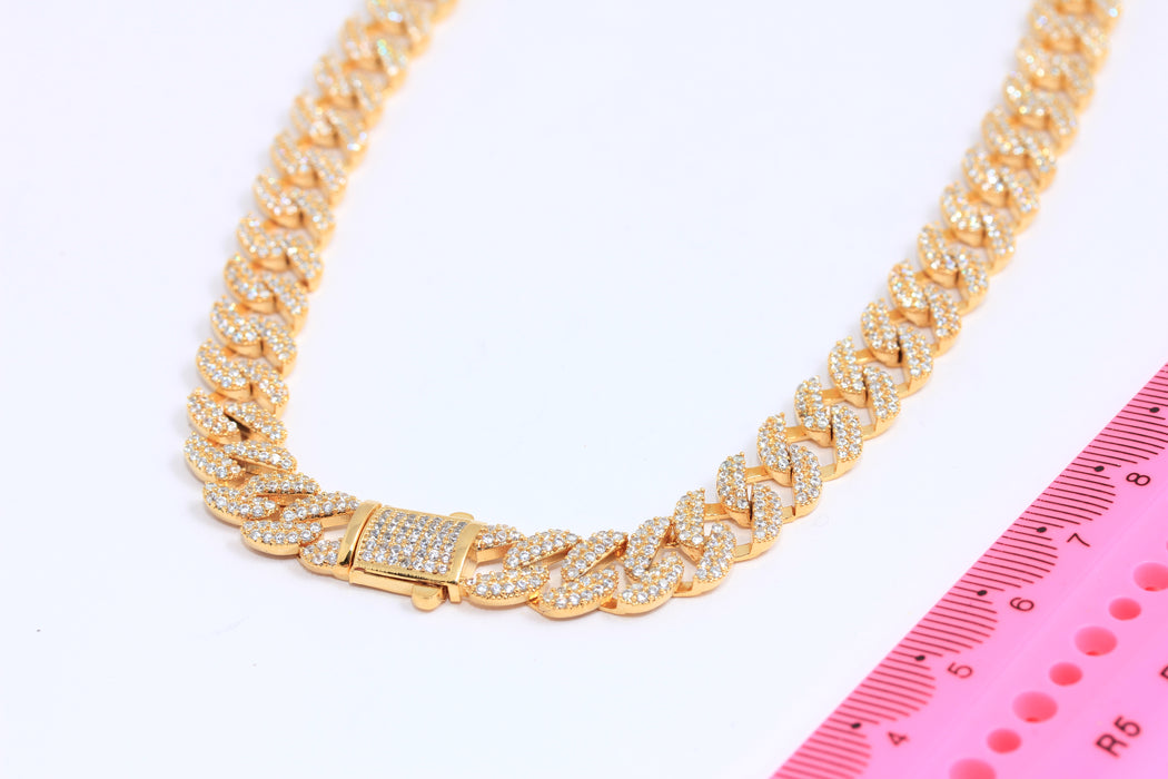 17" 24k Shiny Gold Cuban Link Necklace, CZ Necklaces, Cuban Link Chain, Ready Necklace, Cubic Zirconia, Gold Plated Necklaces, ROSE435-1