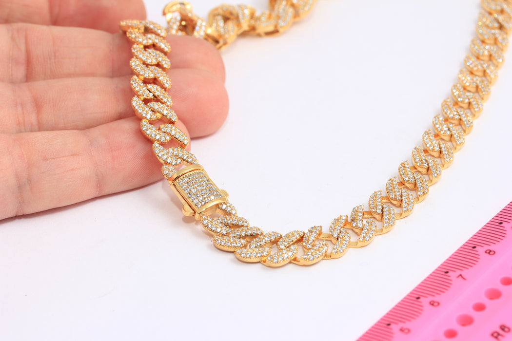 17" 24k Shiny Gold Cuban Link Necklace, CZ Necklaces, Cuban Link Chain, Ready Necklace, Cubic Zirconia, Gold Plated Necklaces, ROSE435-1