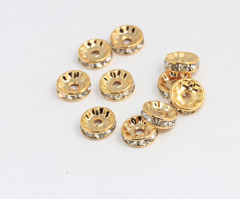 10mm 24k Shiny Gold Beads, CZ Micro Pave Round Wheel Beads, SLM391