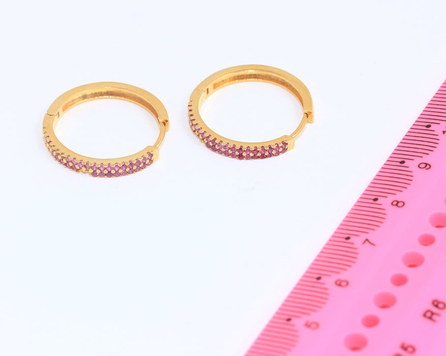 21mm 24k Shiny Gold Hoop Earrings, CZ Purple Stone Hoops, SLM672