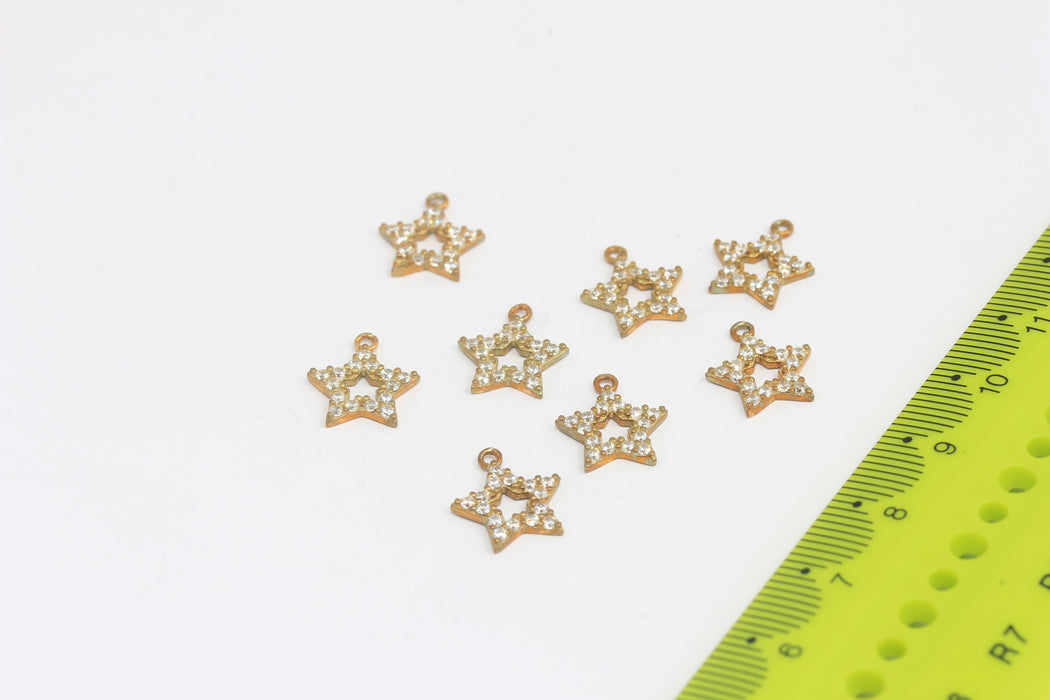 10mm Raw Brass Star Charms, CZ White Stone Star Beads, SLM784